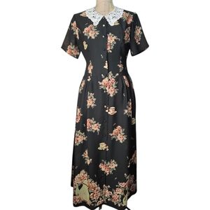 Vintage Cottagecore Susan Bristol Size 4 Black Teacups Teapots Motif Midi Dress